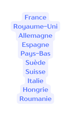 France Royaume Uni Allemagne Espagne Pays Bas Suède Suisse Italie Hongrie Roumanie